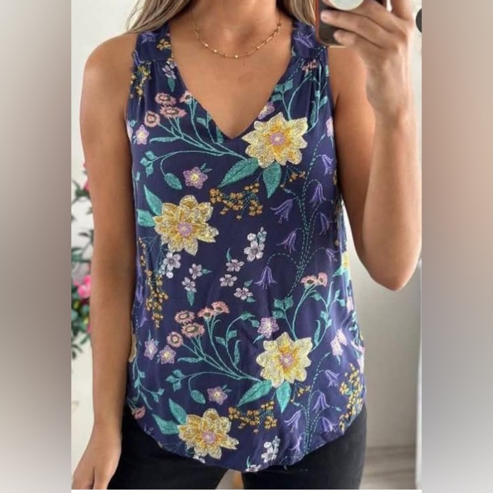 Old Navy Size XS Floral V-Neck Tank Top Navy with Yellow, Green Floral Print